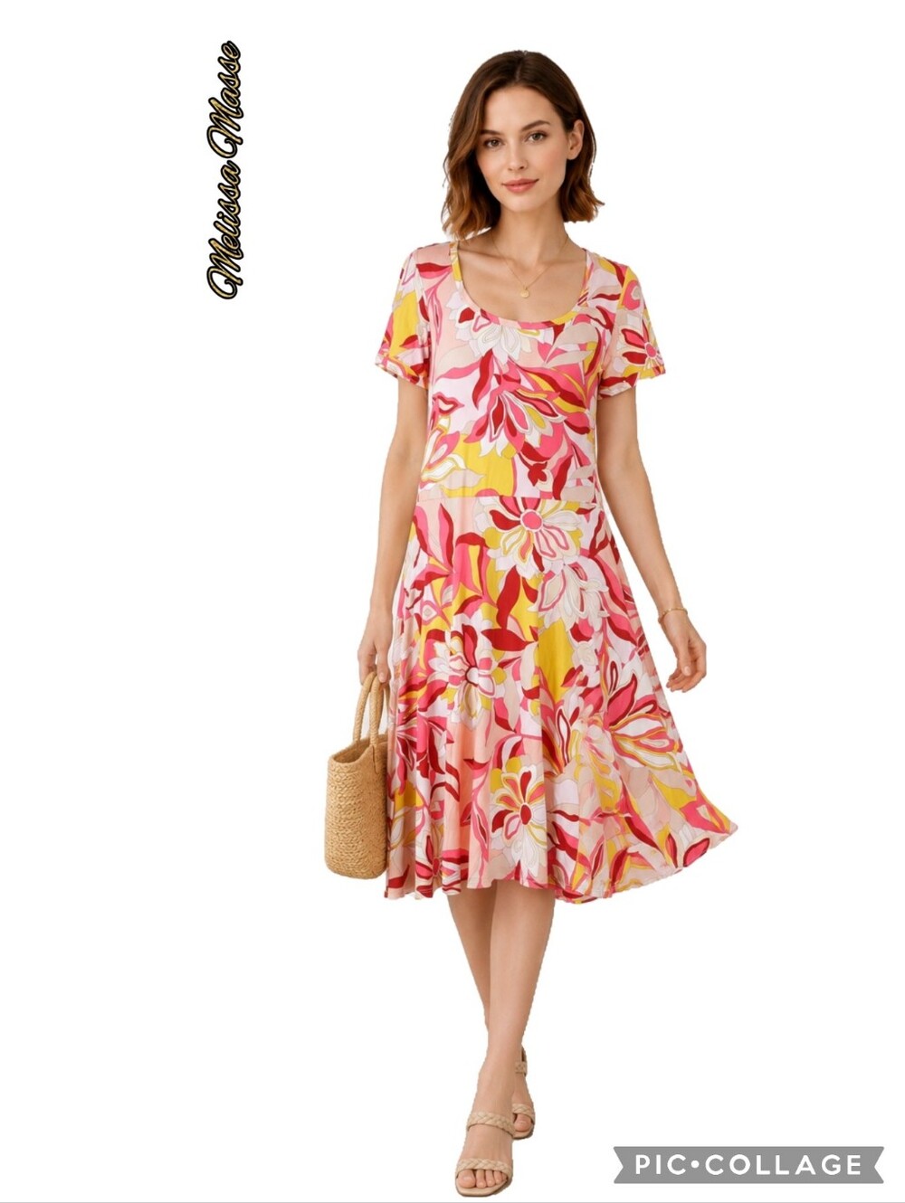 Melissa Masse Floral Midi Dress in Pink/Yellow Gathered at Drop Waist